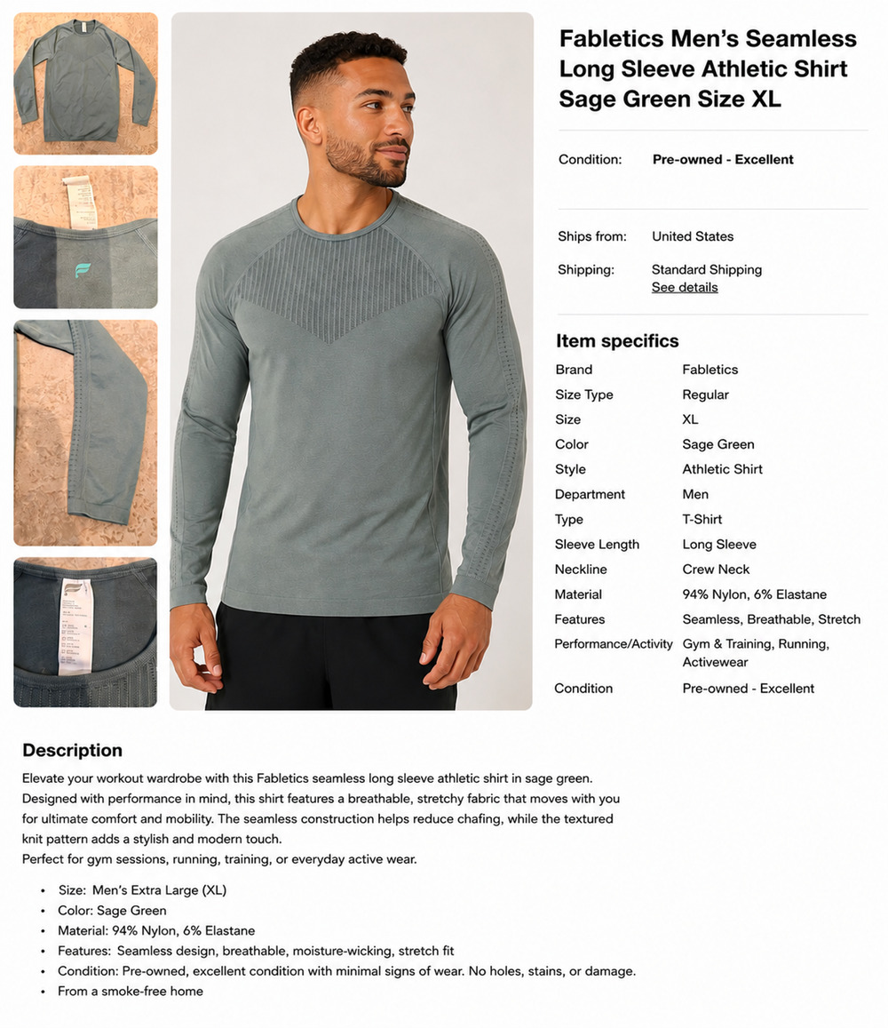 Fabletics Men’s Seamless Long Sleeve Athletic Shirt- Sage - XL